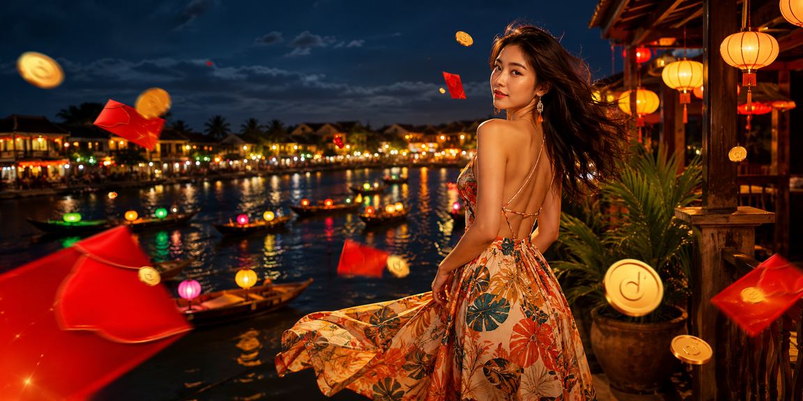 Phong bì đỏ may mắn tại bãi biển Hội An, biểu tượng thưởng dịp lễ Tết trên nền tảng rbvn
